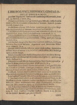 Libri Politici, Historici, Genealogici, Et Geographici.