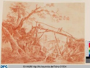 Italienische Landschaft mit hohem Holzsteg über einen Fluß ("Le passage de l'eau")