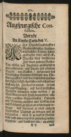 Augspurgische Confession. Vorrede An Kayser Carln den V.