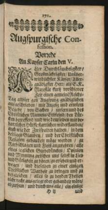 Augspurgische Confession. Vorrede An Kayser Carln den V.