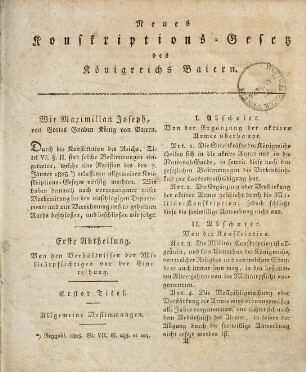 Neues Konskriptions-Gesetz des Königreichs Baiern