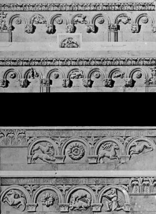 Königslutter am Elmoben: Königslutter, Stiftskirche St. Peter und Paul, Fries vom Chor (außen), unten: Verona, Dom S., Maria Maggiore, Fries von Westfassade