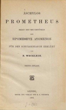 Prometheus : nebst den Bruchstücken des Prometheus Lyomenos