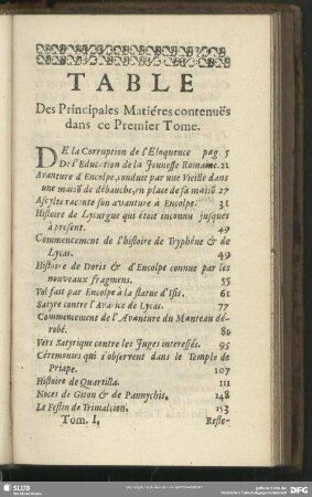 Table Des Principales Matiéres contenues dans ce Premier Tome