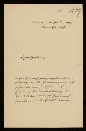 108: Brief von Karl von Unzer an Gottlieb Planck, München, 10.2.1898