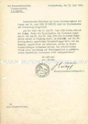 Innerbehördliches Schreiben des Braunschweigischen Staatsministeriums mit der Bitte um Freistellung für die Teilnehmer von zwei Sportveranstaltungen
