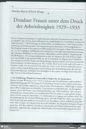 Dresdner Frauen unter dem Druck der Arbeitslosigkeit 1929-1933