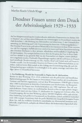 Dresdner Frauen unter dem Druck der Arbeitslosigkeit 1929-1933