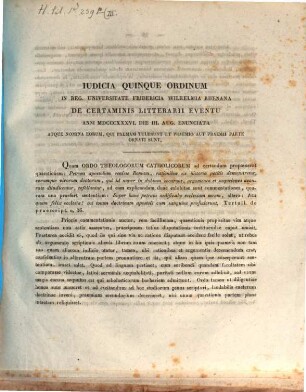 Iudicia quinque ordinum Universitatis Fridericiae Guilelmiae Rhenanae de litterarum certaminibus anni ... facta novaeque quaestiones anno ... propositae. 1836