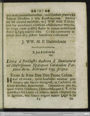 Literae a Perillustri Auditore S. Nuntiaturae ad Illustrissimum Episcopum Culmensem Varsaviae die 21. Februarii 1753. scriptae