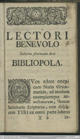 Lectori Benevolo Salutem plurimam dicit Bibliopola