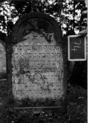 Grabstein 74 (Index: 100111154) Material: Sandstein Zustand: leicht verwittert Maße HxBxT: 110x60x12 cm Beschreibung: Stele, eingezogener Rundbogenabschluß, Schriftfeld eingetieft: Grabstein 74