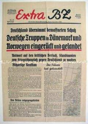 Sonderausgabe der Berliner Tageszeitung "B.Z. am Mittag" zum Einmarsch der Wehrmacht in Dänemark und Norwegen