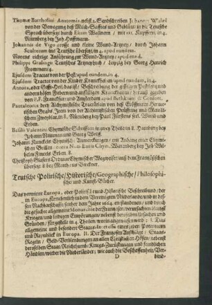 Teutsche Politische/ Historische/ Geographische/ Philosophische und Kunst-Bücher.