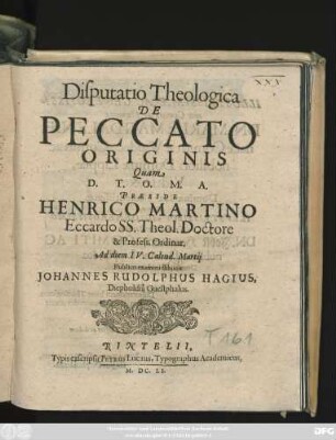 Disputatio Theologica De Peccato Originis