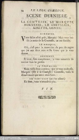 Scene Derniere. La Comtesse, Le Marquis, Hortense, Le Chevalier, Lisette, Lepine