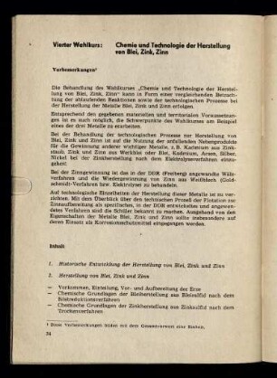 Vierter Wahlkurs: Chemie und Technologie der Herstellung von Blei, Zink, Zinn