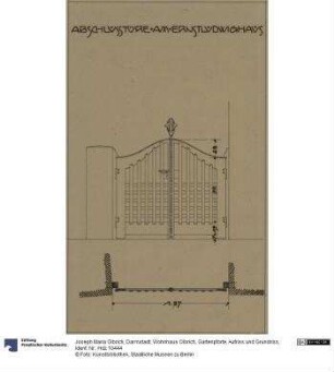 Darmstadt, Wohnhaus Olbrich, Gartenpforte, Aufriss und Grundriss