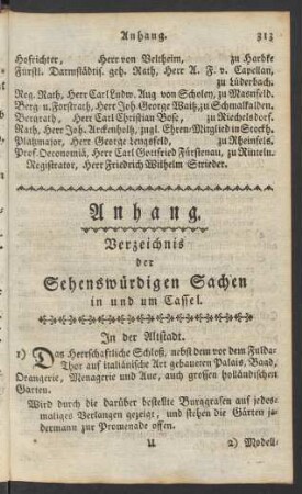 Anhang. Verzeichis der Sehenswürdigen Sachen in und um Cassel
