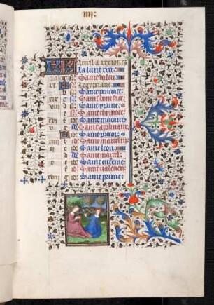 Kalendar: April; Monatsbild: Das Flechten von Blumenkränzen; Bordüre