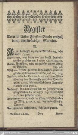 Register Derer in diesem Fünften Bande enthaltenen merkwürdigen Materien