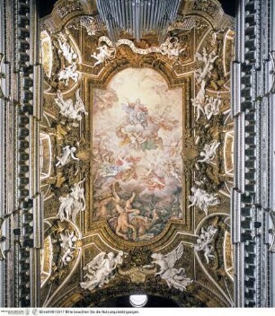 Maria als Himmelskönigin umgeben von Engeln und der Kampf des Erzengels Michael mit seiner Schar gegen den Teufel und die Häresie