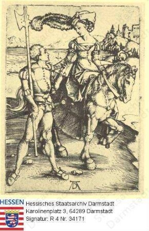 Dürer, Albrecht (1471-1538) / Stich 'Die Dame zu Pferd'