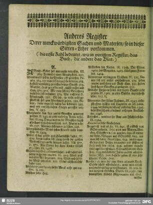 Anderes Register Derer merckwürdigsten Sachen und Materien, so in dieser Sitten-Lehre vorkommen