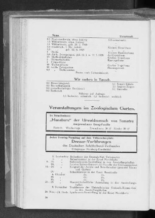 Veranstaltungen im Zoologischen Garten.