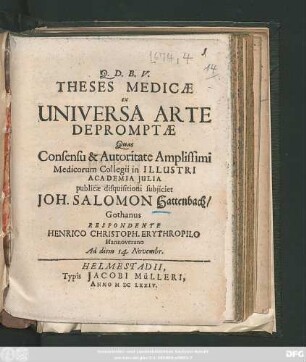 Theses Medicae ex Universa Arte Depromptae