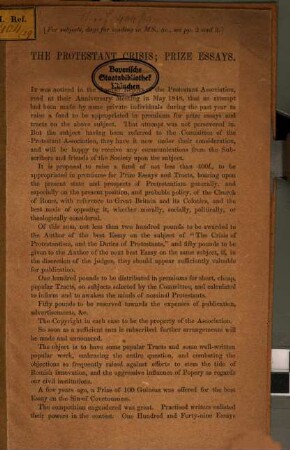 The Protestan Crisis : prize Essays ; Advertisement
