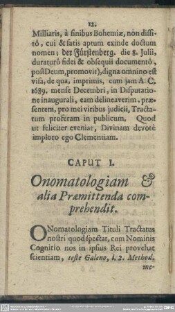 Caput I. Onomatologiam & alia Praemittenda comprehendit