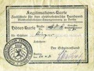 Legitimations-Karte der Fachschule für das elektrotechnische Handwerk