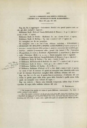 Giunte e correzioni allo scritto intitolato "Intorno alle definizioni di Erone Alessandrino"