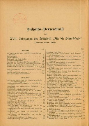 Inhalts-Verzeichniß des XVII. Jahrgangs der Zeitschrift "Für die Schreibstube" (Oktober 1900-1901)