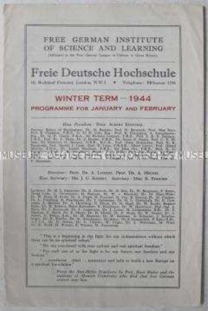 Vorlesungsprogramm der Freien Deutschen Hochschule in London für Winter 1944