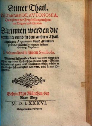 De autonomia, das ist, von Freystellung mehrerley Religion vnd Glauben, 3.