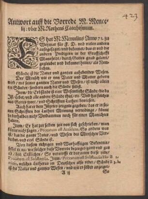 Antwort auff die Vorrede M. Mencelii: uber M. Rothens Catechismum.