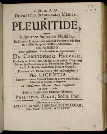 Disputatio Inauguralis Medica, De Pleuritide