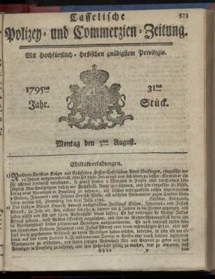 31tes Stueck, Montag den 3ten August 1795