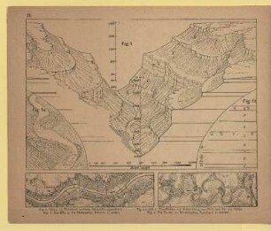 IX. Fig. 1. Canon im Tafelland (weiteres Entwicklungsstadium), Fig. 1 a und b. Einzelheiten zur Entwicklung von Fluß und Tal des Canon, Fig. 2. Die Elbe in der Sächsischen Schweiz. 1 : 50 000, Fig. 3. Der Neckar im Schwäbischen Unterland. 1 : 180 000