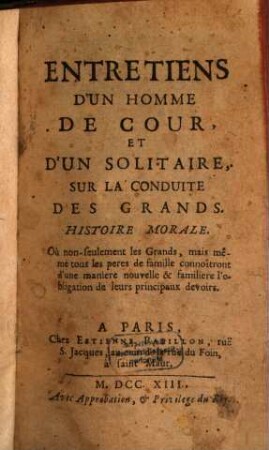 Entretiens d'un homme de cour et d'un solitaire
