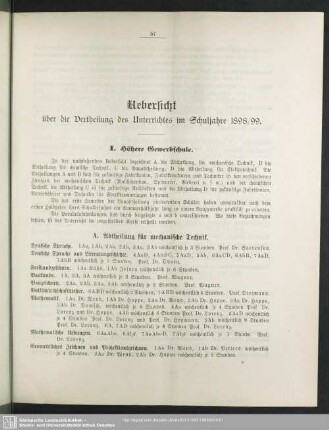 Uebersicht über die Vertheilung des Unterrichtes
