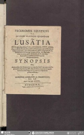 Prodromus Lusaticus h.e. Integri Alicuius Quondam De Lusatia