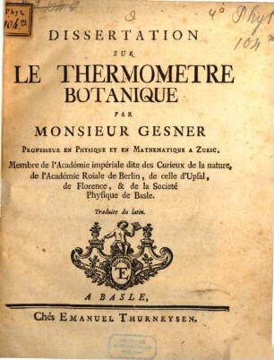 Dissertation Sur Le Thermometre Botanique