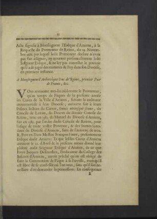...M. l`Evêque d`Amiens, à la Requeste du Promoteur de Reims, du 19. Novembre 1686.
