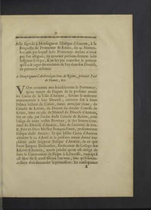 ...M. l`Evêque d`Amiens, à la Requeste du Promoteur de Reims, du 19. Novembre 1686.