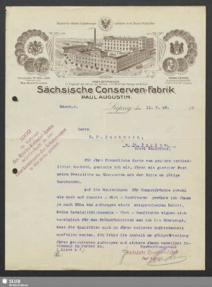 Sächsische Conserven-Fabrik Paul Augustin, Leipzig : Schreiben