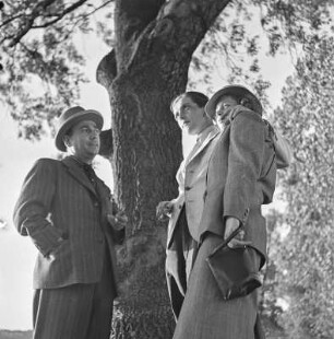 Drei Personen stehen neben einem Baum an einem Gewässer