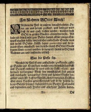 Im Namen Gottes Amen! Was die Pest sey. - Wie man sich vor der Pest praeserviren oder verwahren könne ...